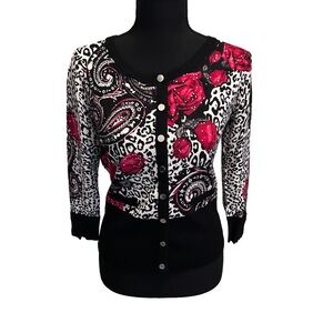 White House Black Market Black and Red Paisley Rose Animal Print Cardigan S